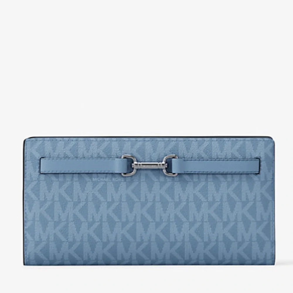 MICHAEL KORS Carson Large Signature Logo Bifold Wallet Light Sky NWT